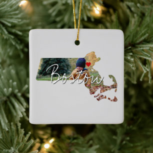 Massachusetts State Photo insert and town name Ceramic Ornament