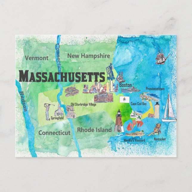 Massachusetts Travel Map Postcard (Front)