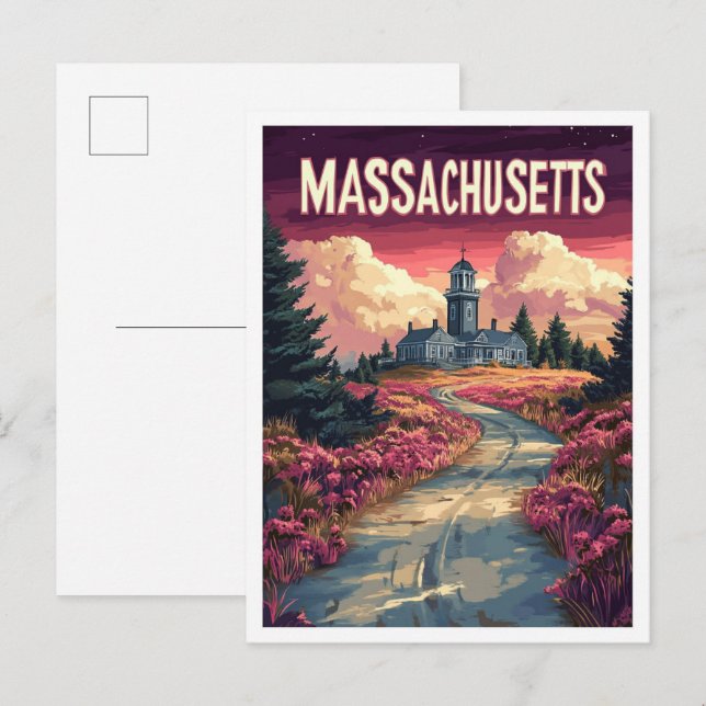 Massachusetts USA Art Vintage Illustration Travel Postcard (Front/Back)