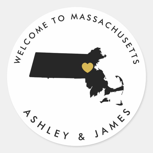 Massachusetts Wedding Welcome Sticker Tag, Black (Front)