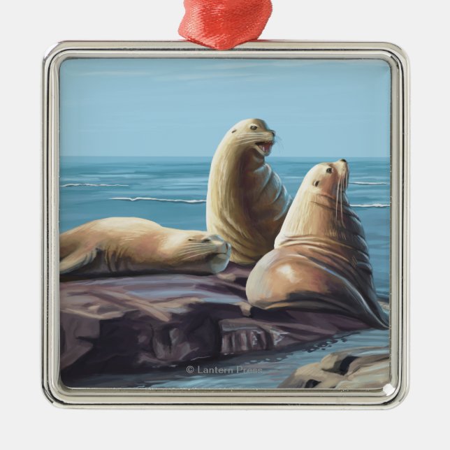 MassachusettsSea Lions Scene Metal Tree Decoration (Front)