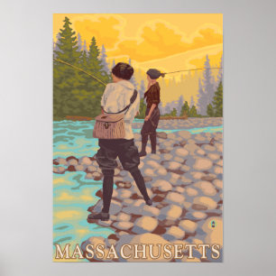 MassachusettsWomen Fly Fishing Scene Poster