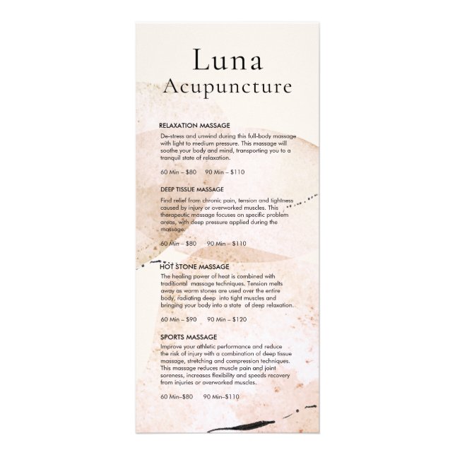 Massage Acupuncture  Spa Price List Menu (Front)