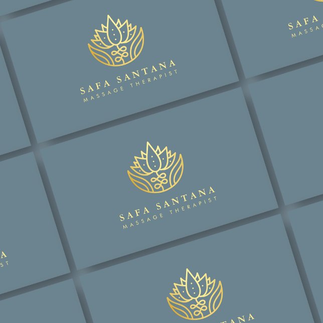 Massage Dusty Blue And Gold Lotus Flower  Business Card (Creator Uploaded)