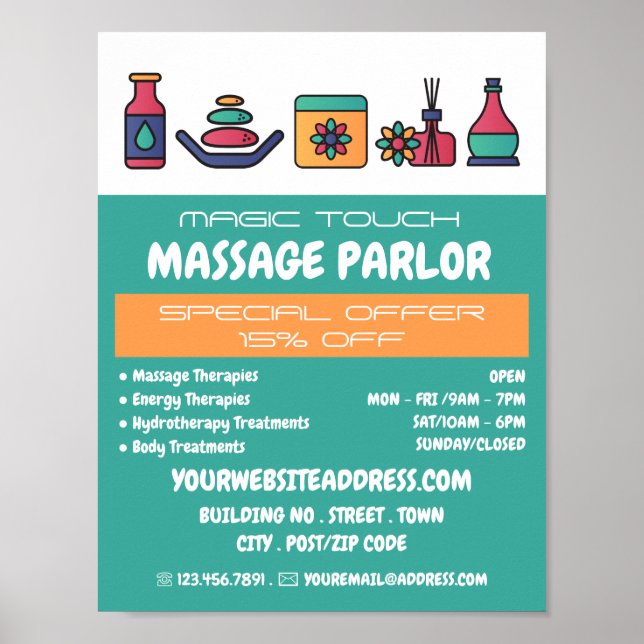 Massage Icons, Massage Therapy, Massage Parlour Poster (Front)