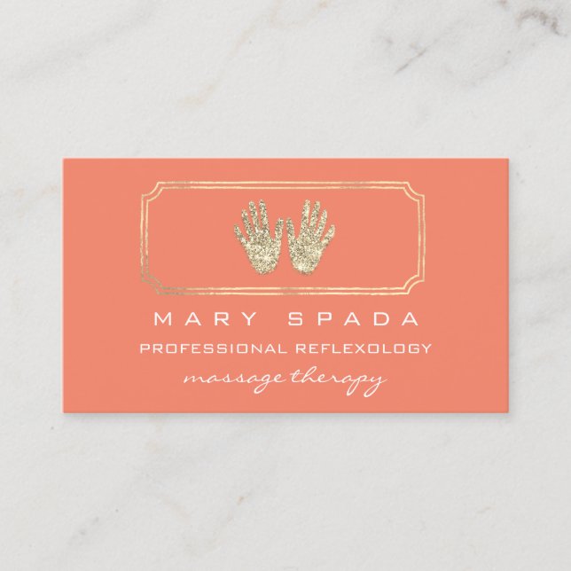Massage Reflexology Glitter Hands Coral Gold QR  Business Card (Front)