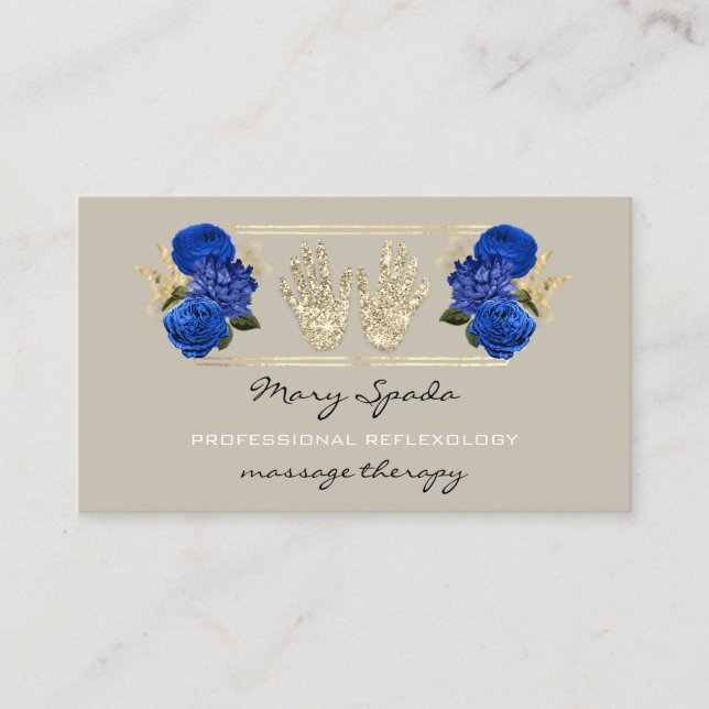 Massage Reflexology Glitter Hands Gold QRCode Blue Business Card (Front)