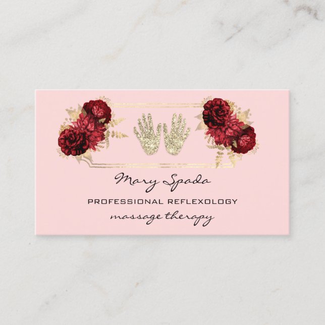 Massage Reflexology Glitter Hands Gold QRCode Pink Business Card (Front)