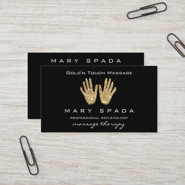 Massage Reflexology Glitter Hands Reiki Black Gold Business Card (Front/Back In Situ)