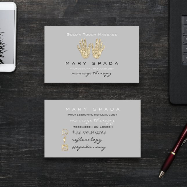 Massage Reflexology Glitter Hands Reiki Grey Gold Business Card (Massage Reflexology Glitter Hands Reiki Gray Gold Business Card)