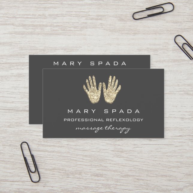 Massage Reflexology Glitter Hands Reiki Grey Gold Business Card (Front/Back In Situ)