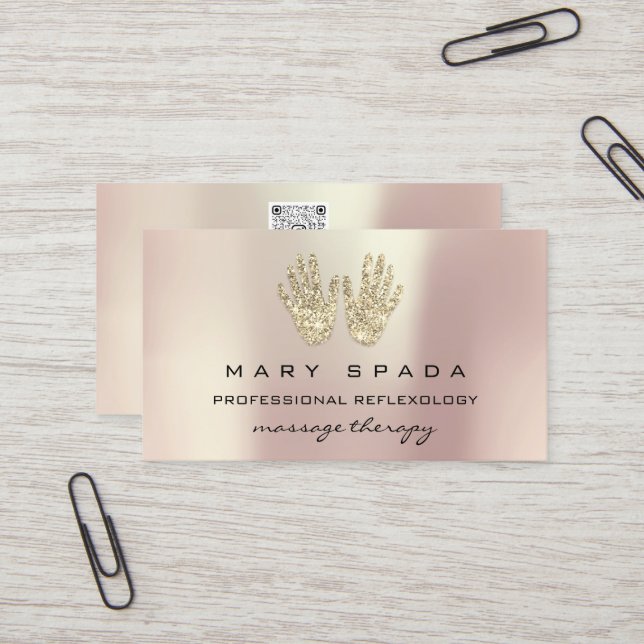 Massage Reflexology Glitter Hands Rose Gold QRCODE Business Card (Front/Back In Situ)