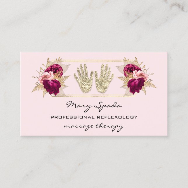 Massage Reflexology Reiki Hands Gold QRCode Floral Business Card (Front)