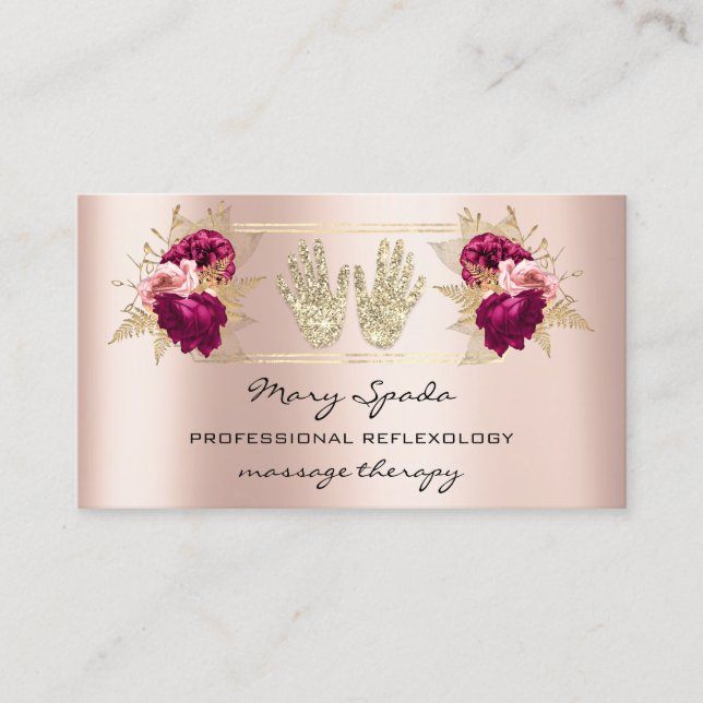 Massage Reflexology Reiki Hands Rose Gold QR Code Business Card (Front)