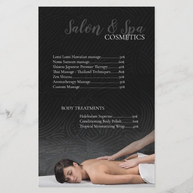 Massage Salon Beauty Cosmetics & Spa Price List (Front)