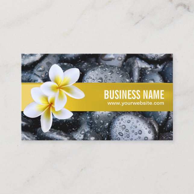 Massage Salon Spa Tropical Floral Black Stones Business Card (Front)