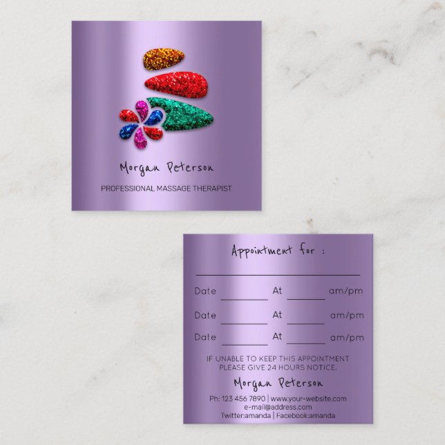 Massage Spa Wellness Flower Glitter Logo Purple Appointment Card (Front/Back)