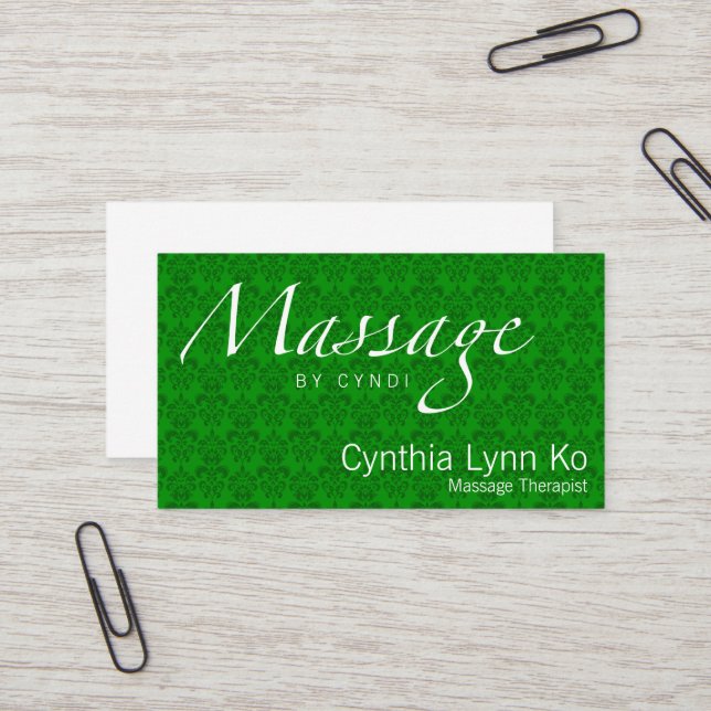 Massage Text on Green Damask Business Card (Front/Back In Situ)