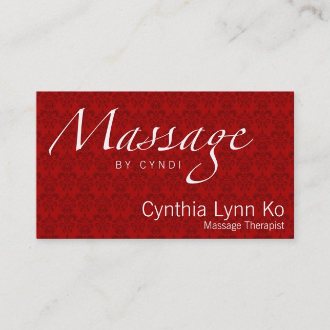 Massage Text on Red Damask Business Card (Front)