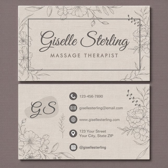 Massage Therapist Beige Linen Floral Line Art Business Card (Creator Uploaded)