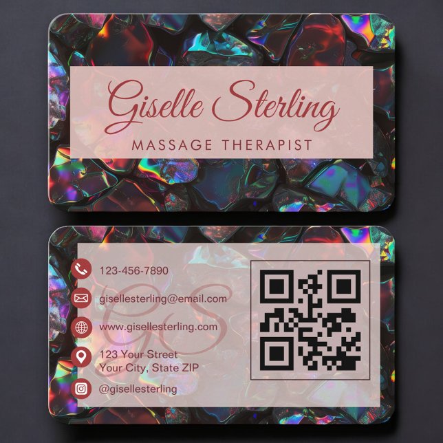 Massage Therapist Black Opal QR Code Business Card (Creator Uploaded)