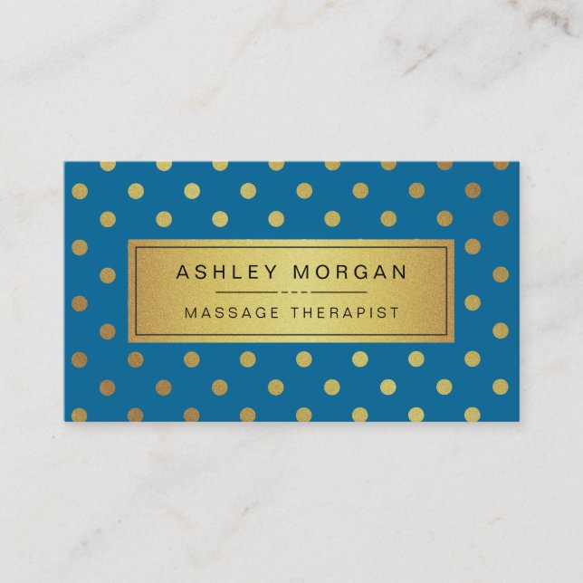 Massage Therapist Blue and Gold Glitter Polka Dots Business Card (Front)