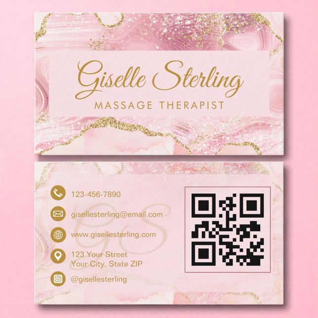 Massage Therapist Blush Pink Gold Agate QR Code Business Card (Creator Uploaded)