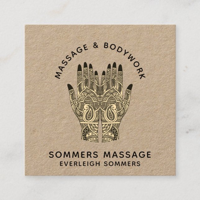 Massage Therapist Body Work Mehndi Henna Kraft Squ Square Business Card (Front)