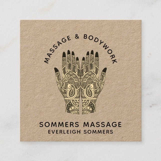 Massage Therapist Body Work Mehndi Henna Kraft Squ Square Business Card (Front)