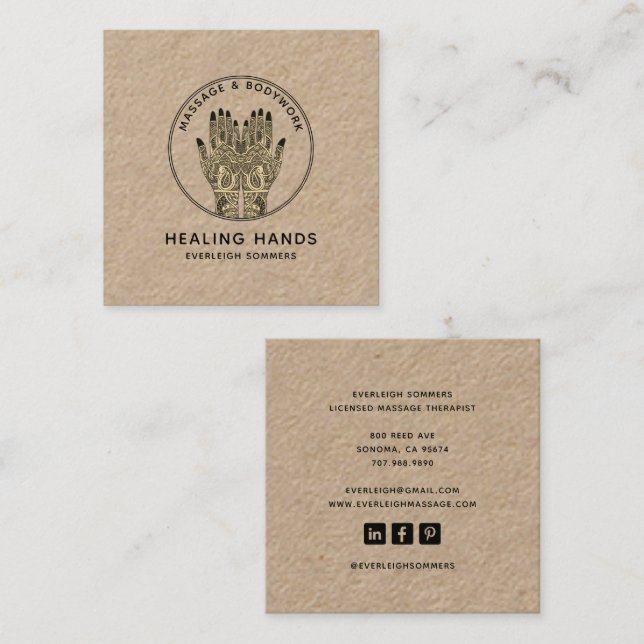 Massage Therapist Body Work Mehndi Henna Kraft Square Business Card (Front/Back)