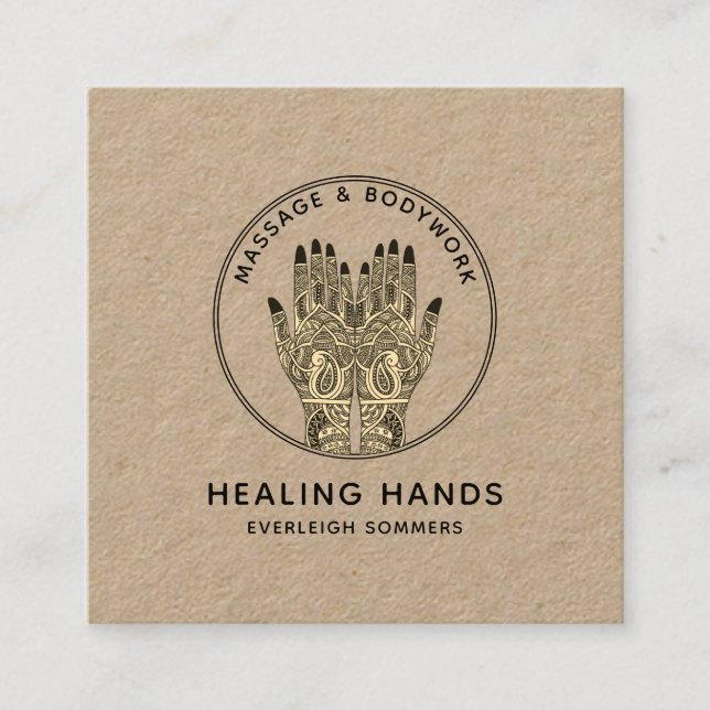 Massage Therapist Body Work Mehndi Henna Kraft Square Business Card (Front)