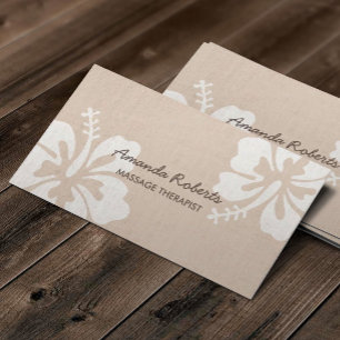 Massage Therapist Classy Hibiscus Beige Linen Business Card