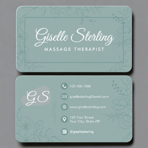 Massage Therapist Green Teal Floral Business Card