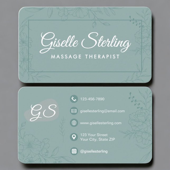 Massage Therapist Green Teal Floral  Business Card (Creator Uploaded)