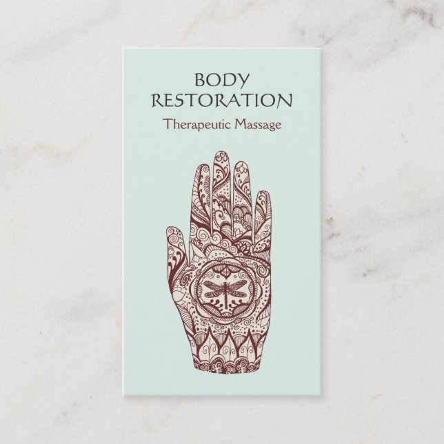 Massage Therapist Henna Dragonfly Tattoo Hand 2 Business Card (Front)
