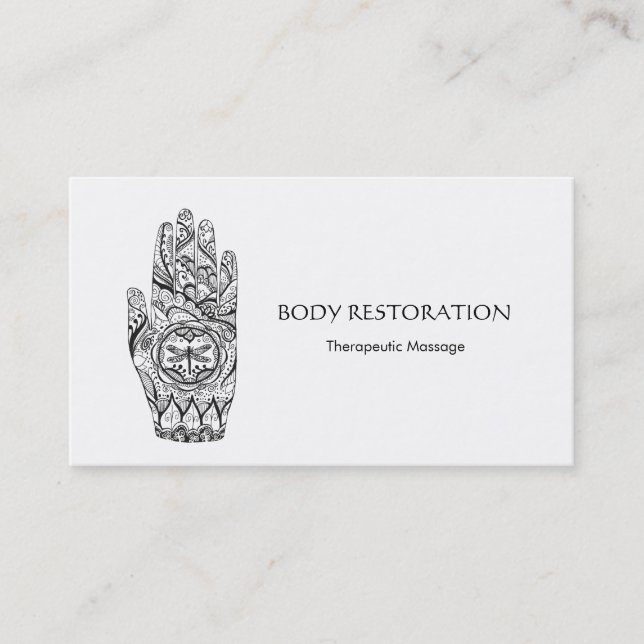 Massage Therapist Henna Dragonfly Tattoo Hand 7 Business Card (Front)