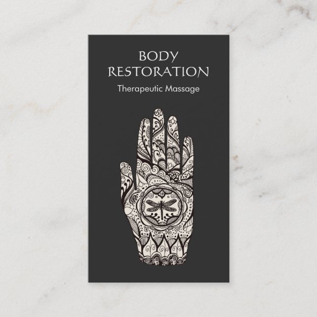 Massage Therapist Logo Henna Dragonfly Tattoo Hand Business Card (Front)