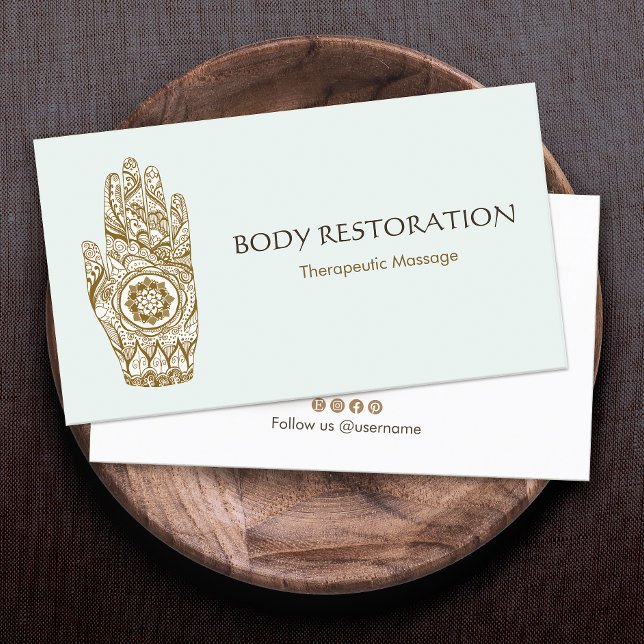 Massage Therapist Logo Henna Lotus Tattoo Hand 5 Business Card (Creator Uploaded)