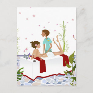 Massage therapist massaging a woman lying on a postcard