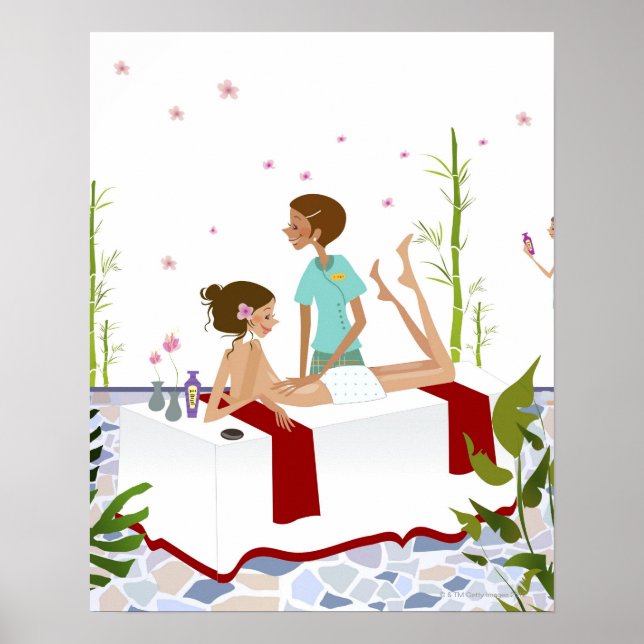 Massage therapist massaging a woman lying on a poster (Front)
