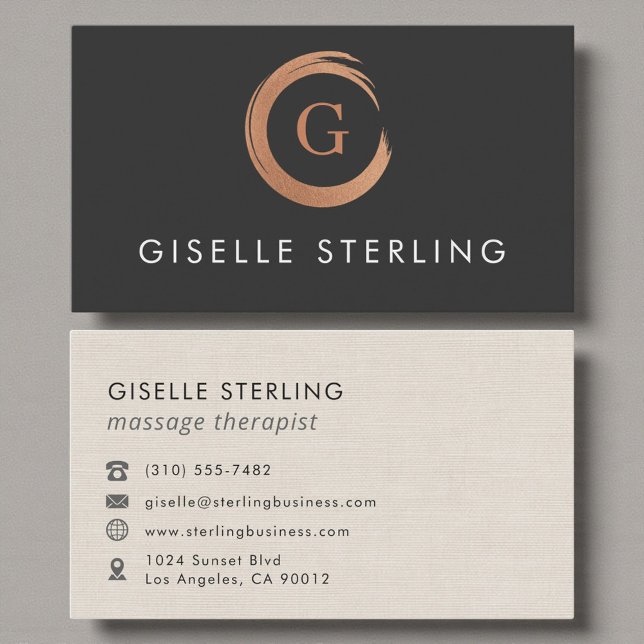 Massage Therapist Monogram Metallic Rose Gold Business Card (Creator Uploaded)