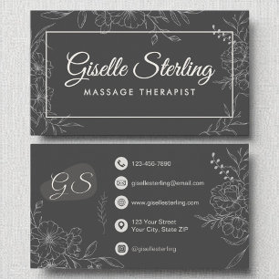 Massage Therapist Moody Charcoal Grey Floral  Business Card