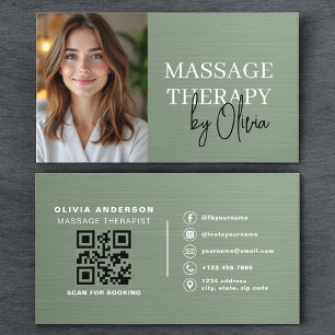 Massage Therapist Photo Metallic Sage Green Business Card