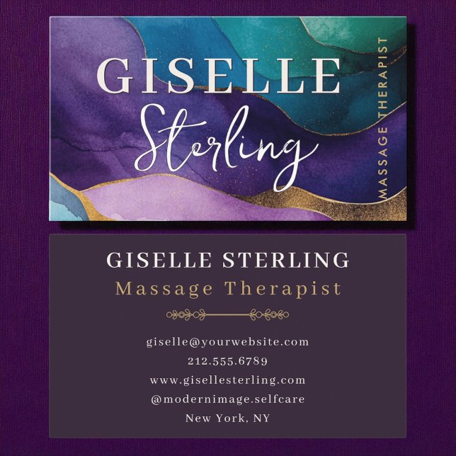 Massage Therapist Purple Gold Modern Watercolor  Business Card (Creator Uploaded)
