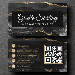 Massage Therapist QR Code Black Gold Agate Business Card