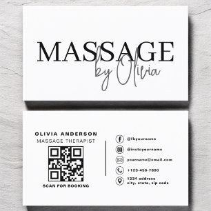 Massage Therapist QR Code Black White Business Card