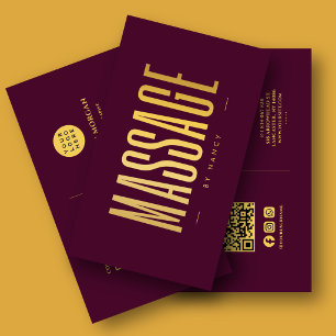 Massage Therapist QR Code Logo Burgundy & Gold Business Card