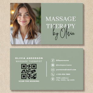 Massage Therapist QR Code Sage Green Photo Business Card