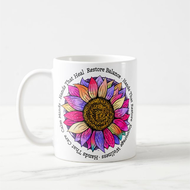 Massage Therapist, Reiki & Reflexology Sunflower Coffee Mug (Left)