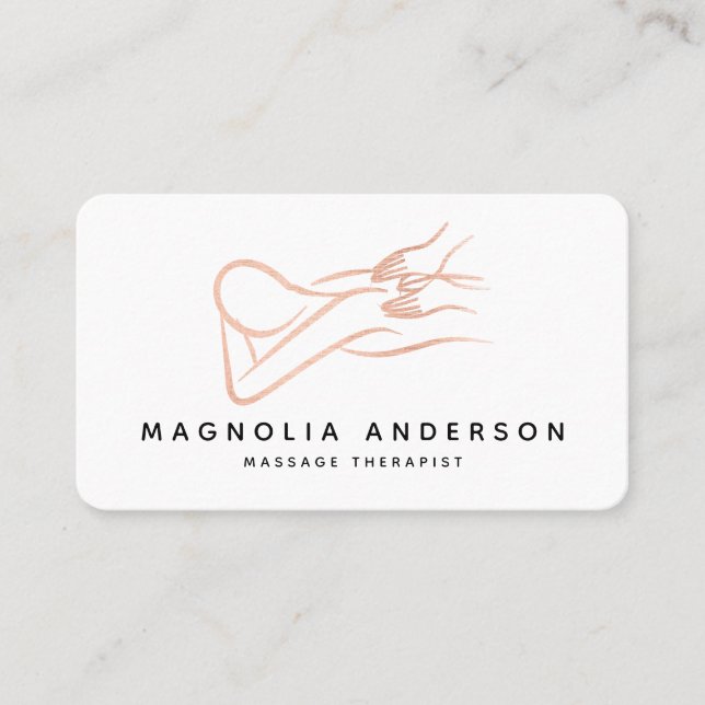Massage Therapist Rose Gold Foil Brushed Metal Business Card (Front)